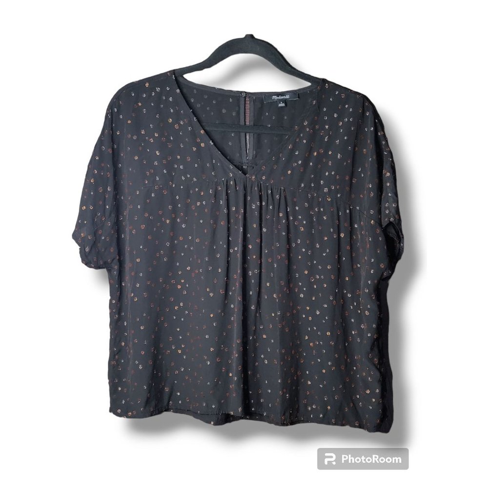 Madewell Black Short Sleeve V-Neck Rhyme Top in Metallic Dot - S